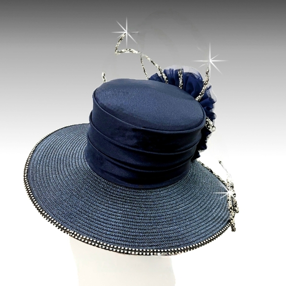 Couture Avant Garde Sculpted Navy Women's Jeweled Hat Handcrafted Masterpiece - Picture 2 of 4
